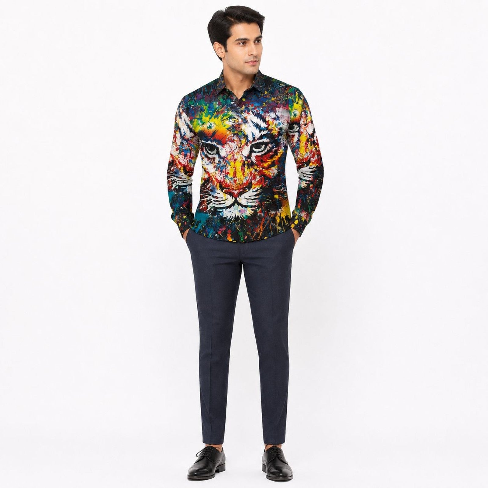 Men's Rainbow Tiger Face Digital Print Shirt | Statement Full Sleeve Party Shirt-1