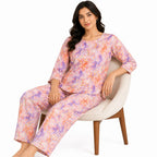 Women's Orange Abstract Marble Print Round Neck Top and Straight Pyjama Co-Ord Set | Relaxed Lounge Set-3