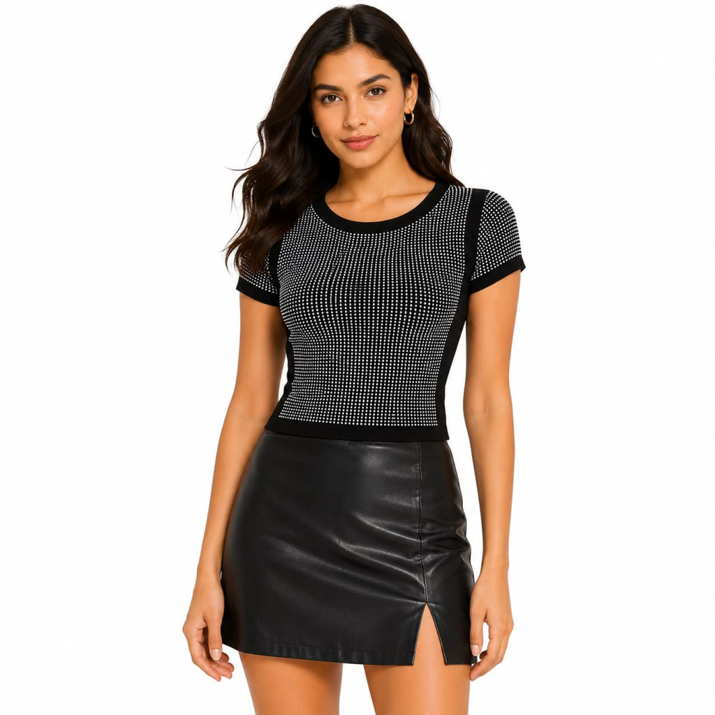 Women's Black Embellished Fitted Knit Top-1