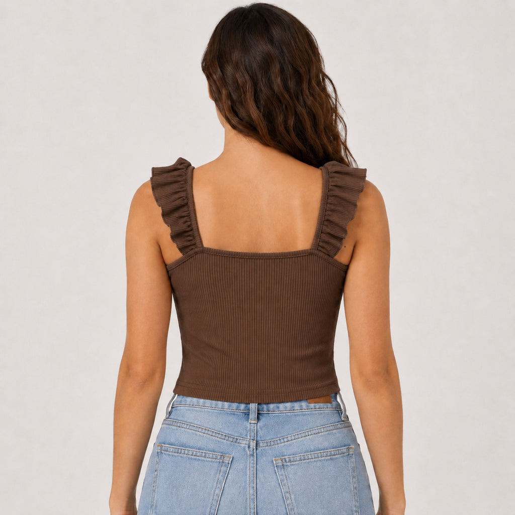 Women's Coffee Brown Ribbed Ruffle Strap Crop Top-4