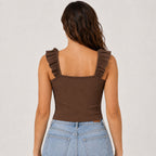 Women's Coffee Brown Ribbed Ruffle Strap Crop Top-4