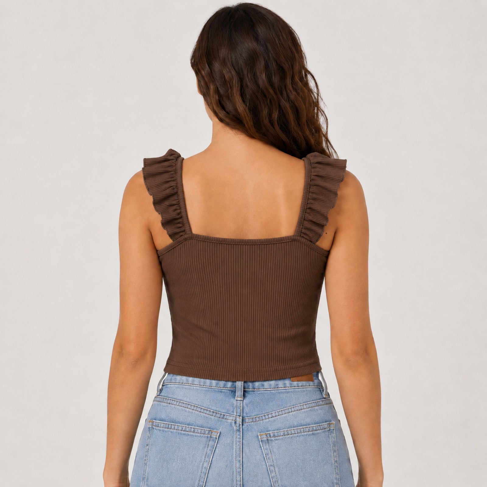 Women's Coffee Brown Ribbed Ruffle Strap Crop Top-4
