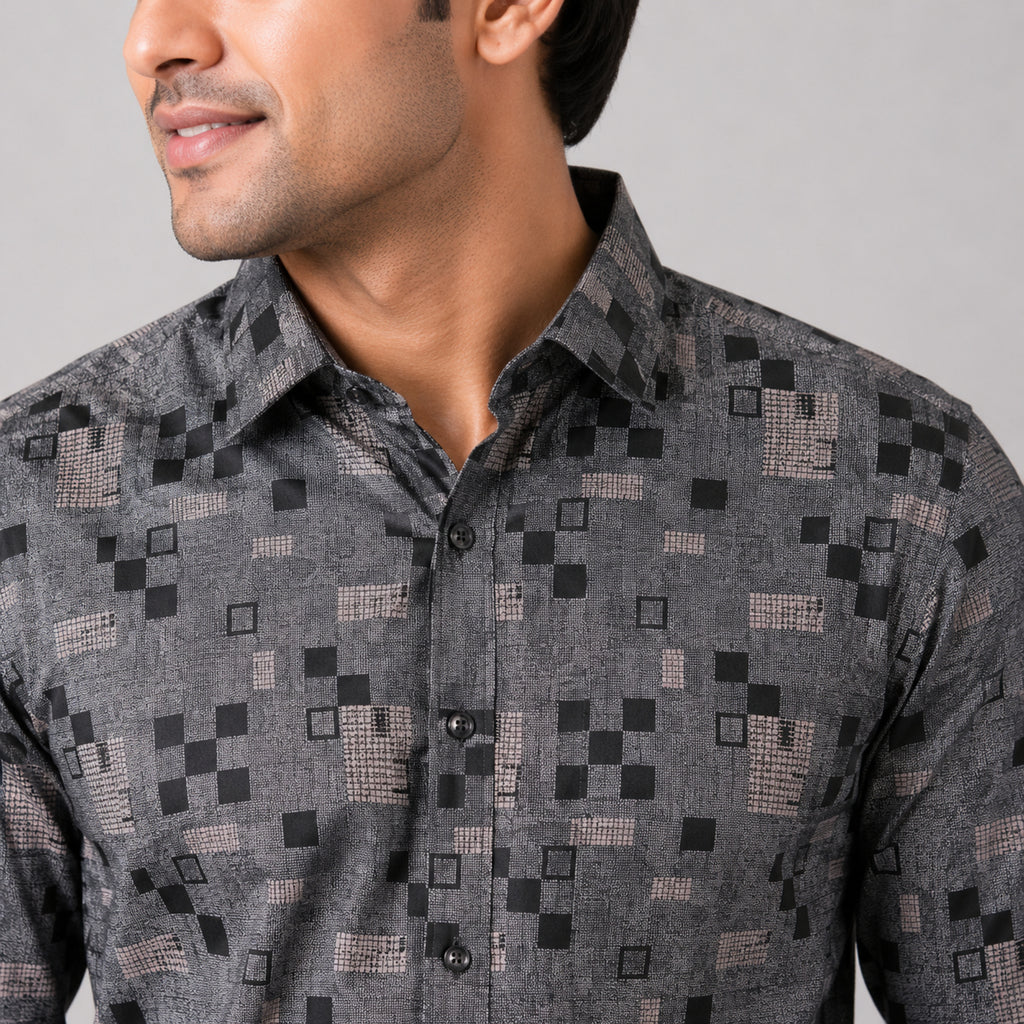 Men's Urban Pixel Grid Printed Grey Casual Shirt-3