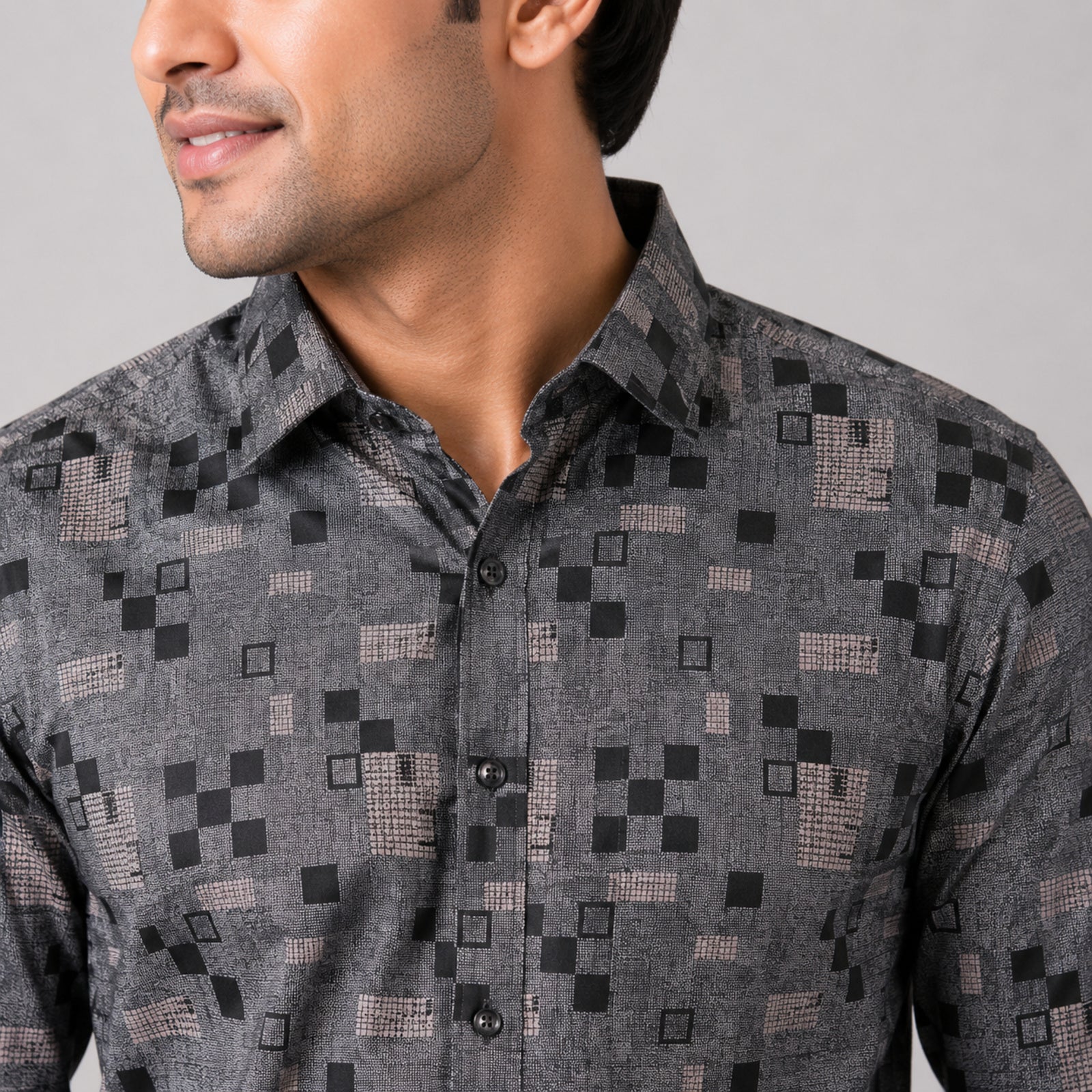 Men's Urban Pixel Grid Printed Grey Casual Shirt-3