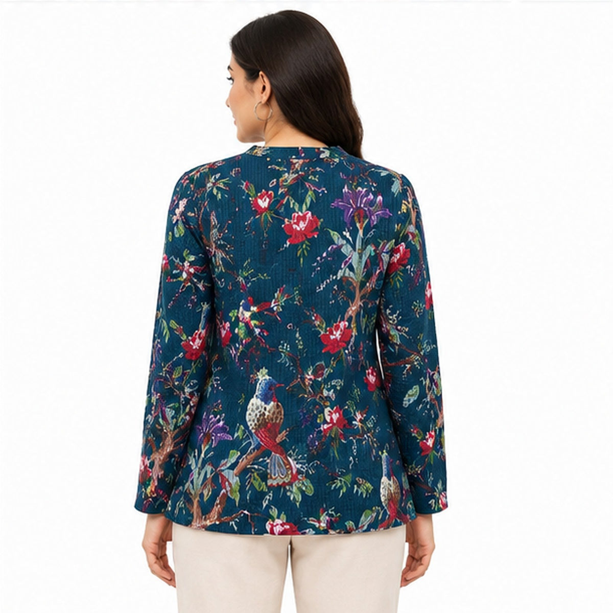 Women’s Navy Blue Floral Printed Jacket – Full Sleeve Button-Front Jacket with Round Neck-4