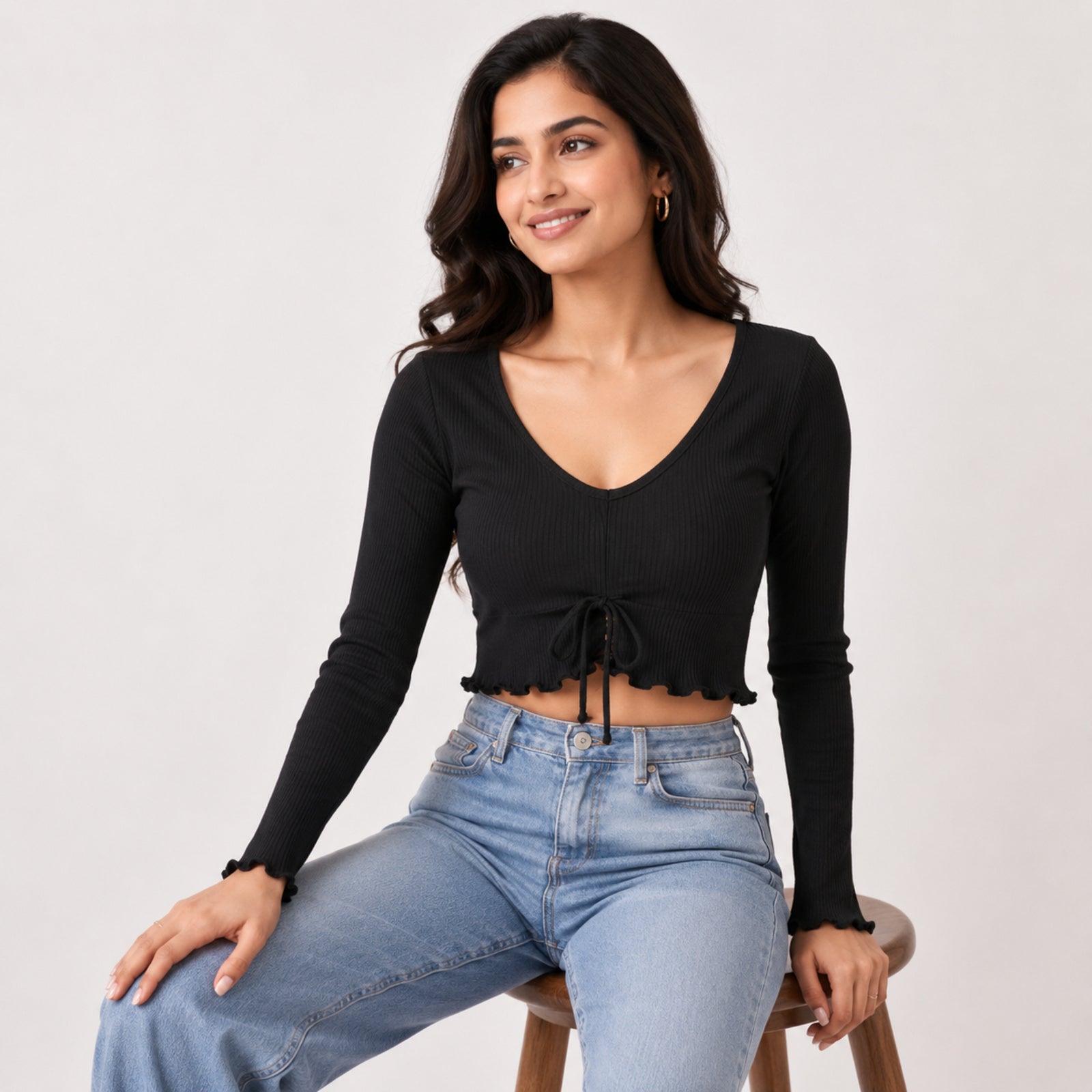 Women's Obsidian Midnight Black Ribbed Long-Sleeve Crop Top with Center Ruched Drawstring and Ruffle Trim-2