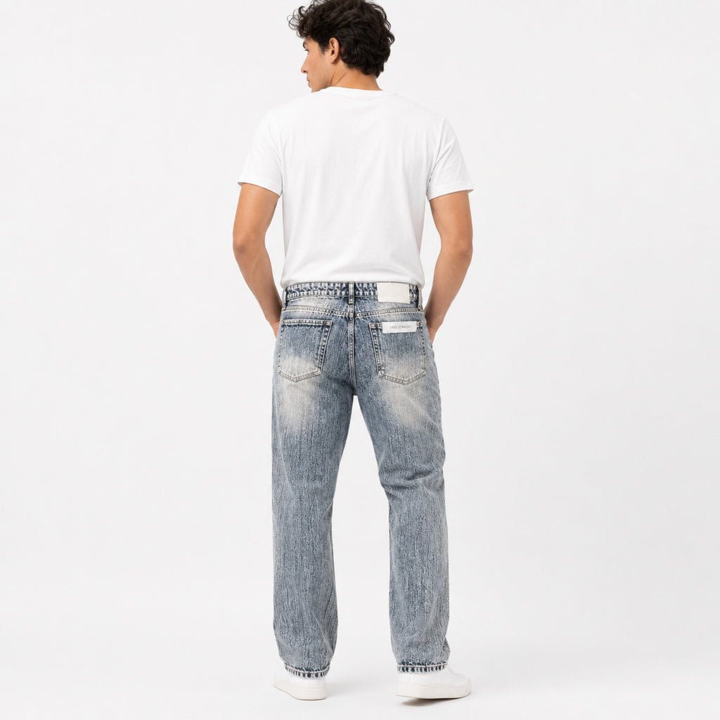 Men's Light Blue Vintage Washed Straight Fit Denim Jeans-3