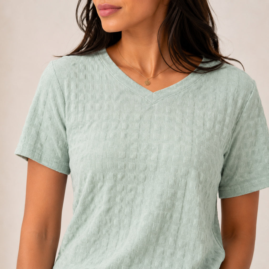 Women's Sage Green Textured V-Neck Top-2