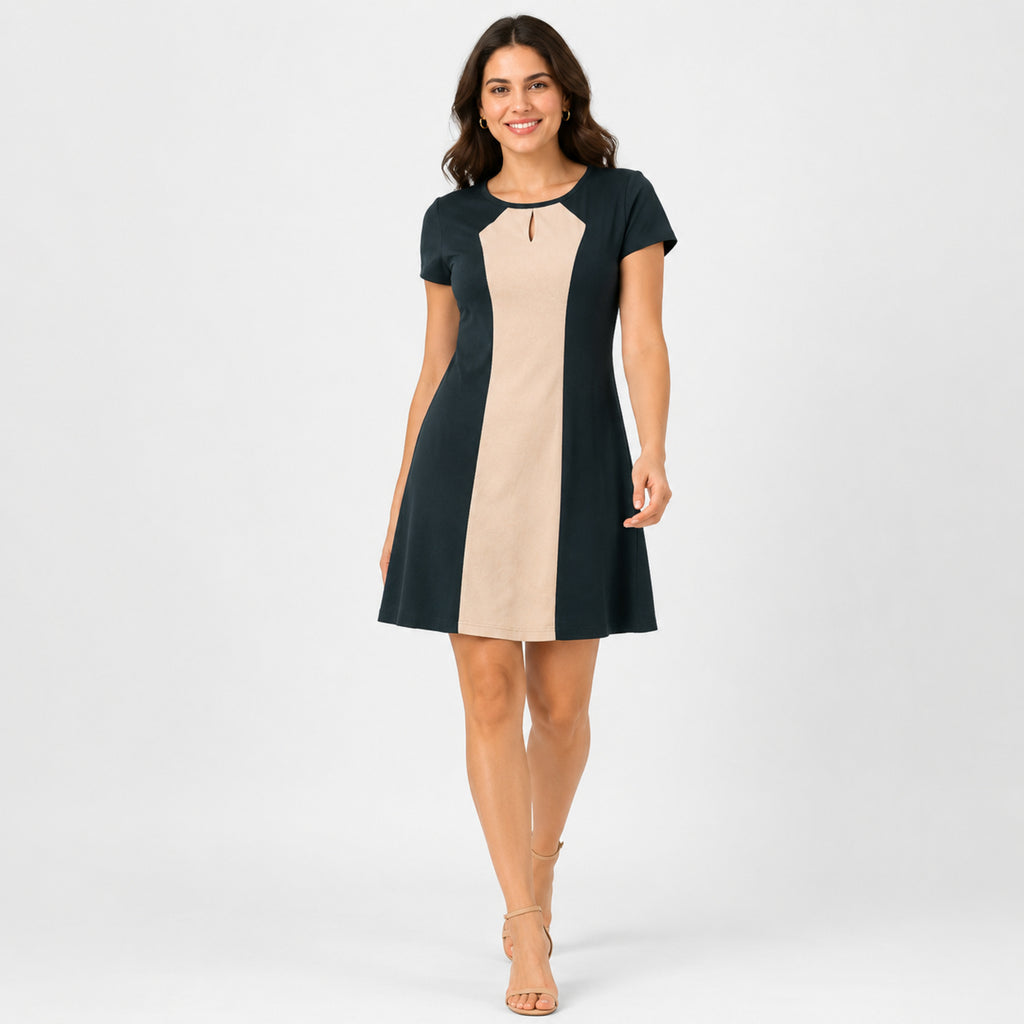 Women's Olive Green Color Block A-Line Mini Dress with Keyhole Neck and Short Sleeves-1