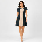 Women's Olive Green Color Block A-Line Mini Dress with Keyhole Neck and Short Sleeves-1