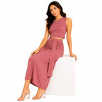 Women's Pink Sleeveless Crop Top and Front Drape Midi Skirt Co-Ord Set-2