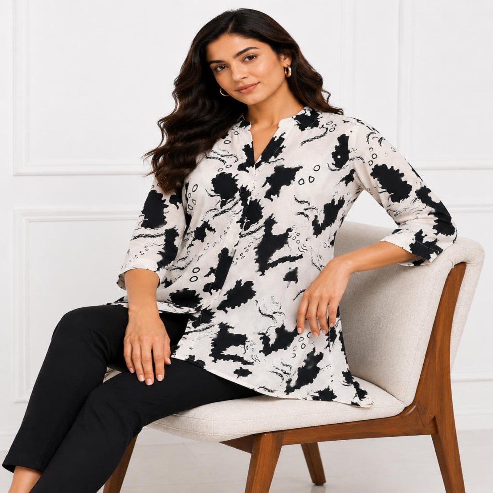 Women's Avant-Garde Alabaster Cream Abstract Graphic Print Asymmetric Tunic Shirt-2