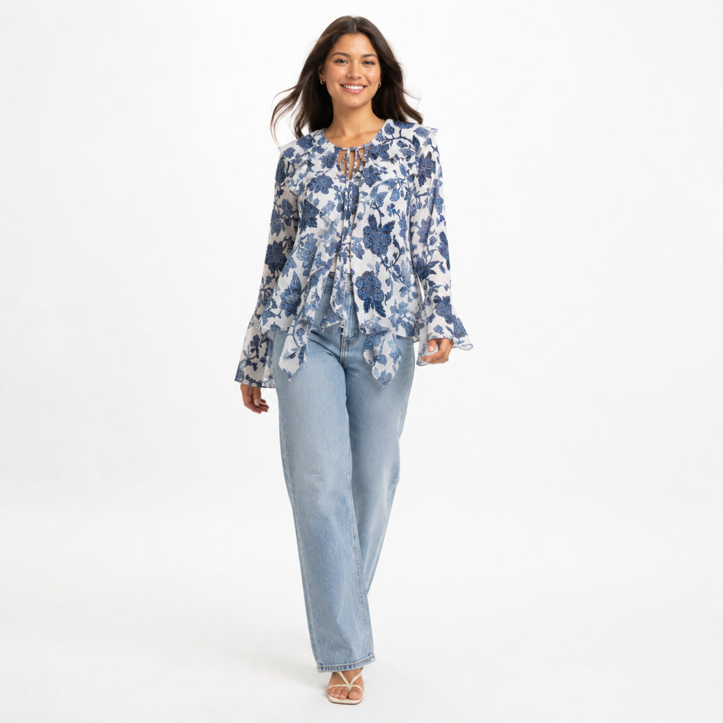 Women's White Blue Floral Print Tie-Neck Handkerchief Hem Top | Flared Sleeve Blouse-2