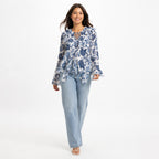 Women's White Blue Floral Print Tie-Neck Handkerchief Hem Top | Flared Sleeve Blouse-2