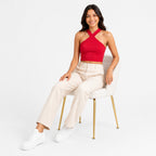Women's Red Criss-Cross Halter Neck Fitted Crop Top | Solid Party Wear Top-2