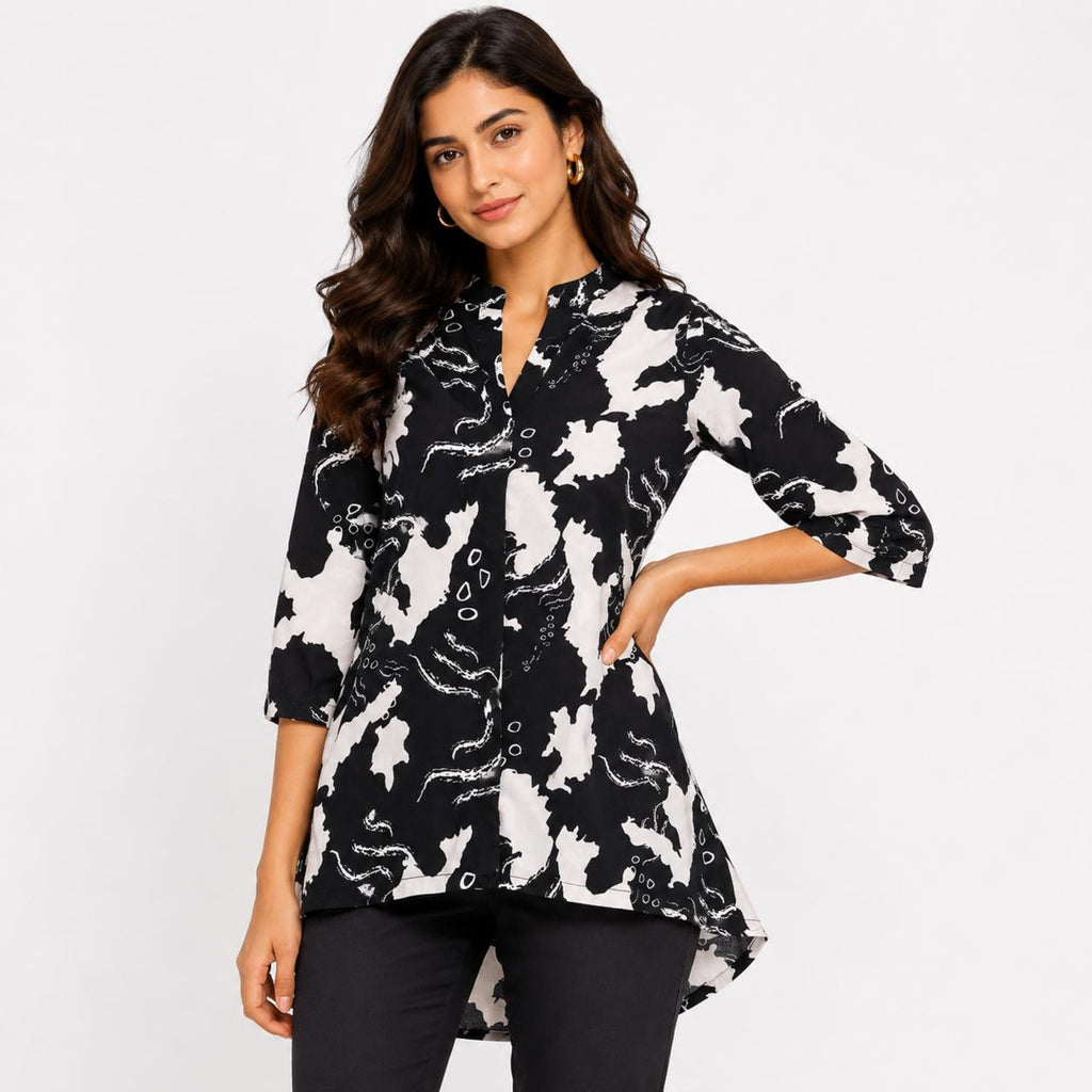 Women's Monochrome Onyx Abstract Graphic Printed High-Low Tunic Shirt-4