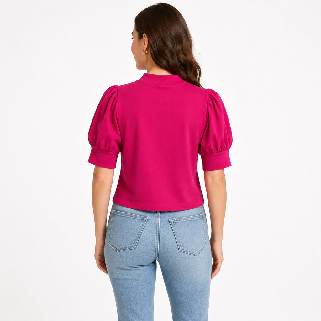 Women's Dark Pink High Neck Puff Sleeve Top | Solid Casual Elegant Knit Top-4