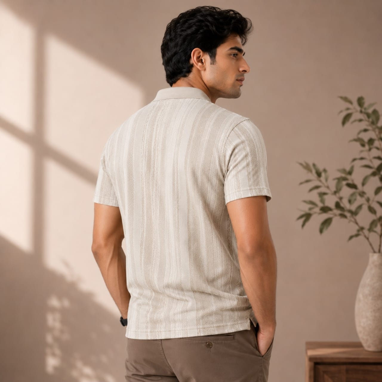 Men's Sand Beige Textured Polo T-Shirt-1