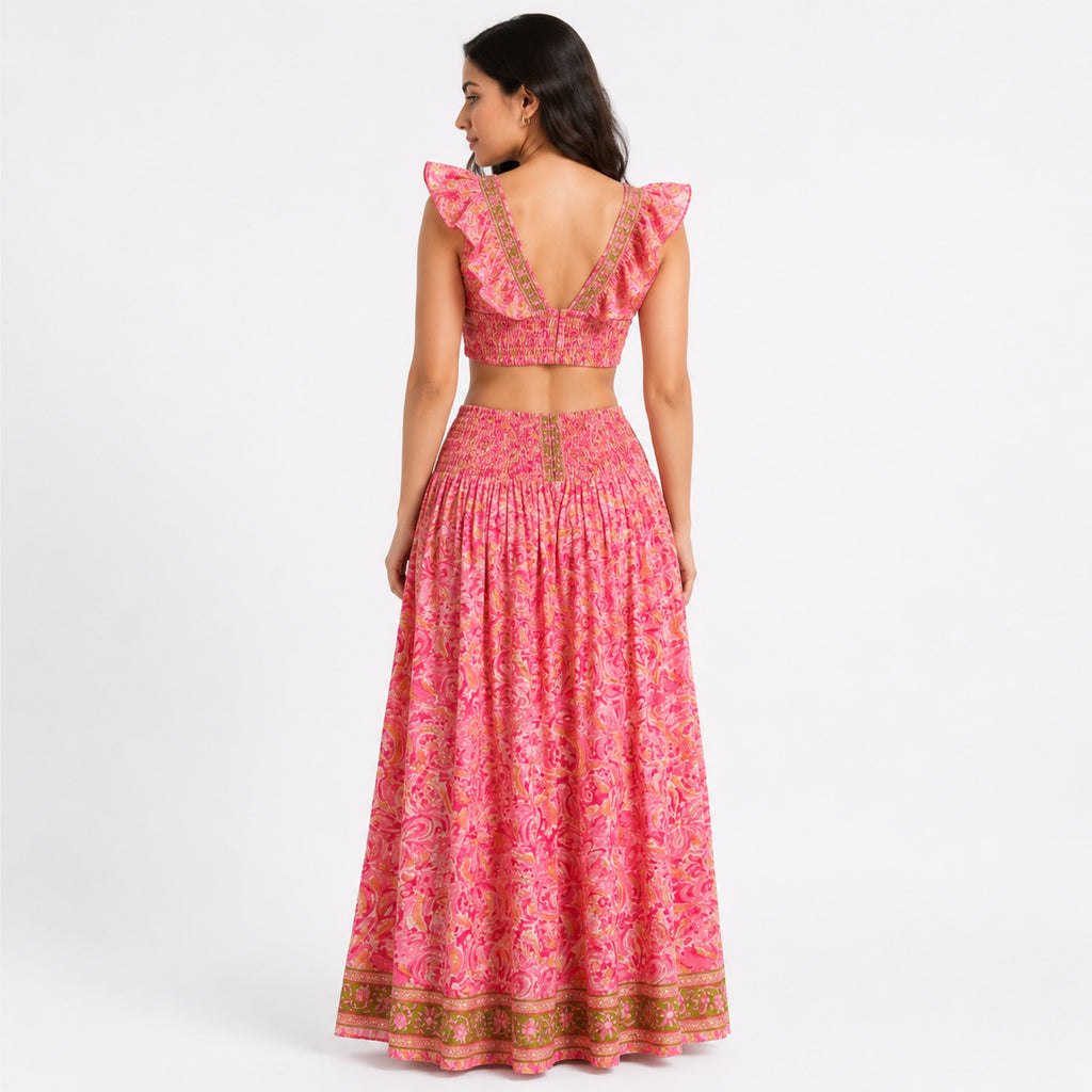Women's Bohemian Chic Light Pink Floral Crop Top and Wide-Leg Palazzo Set-4