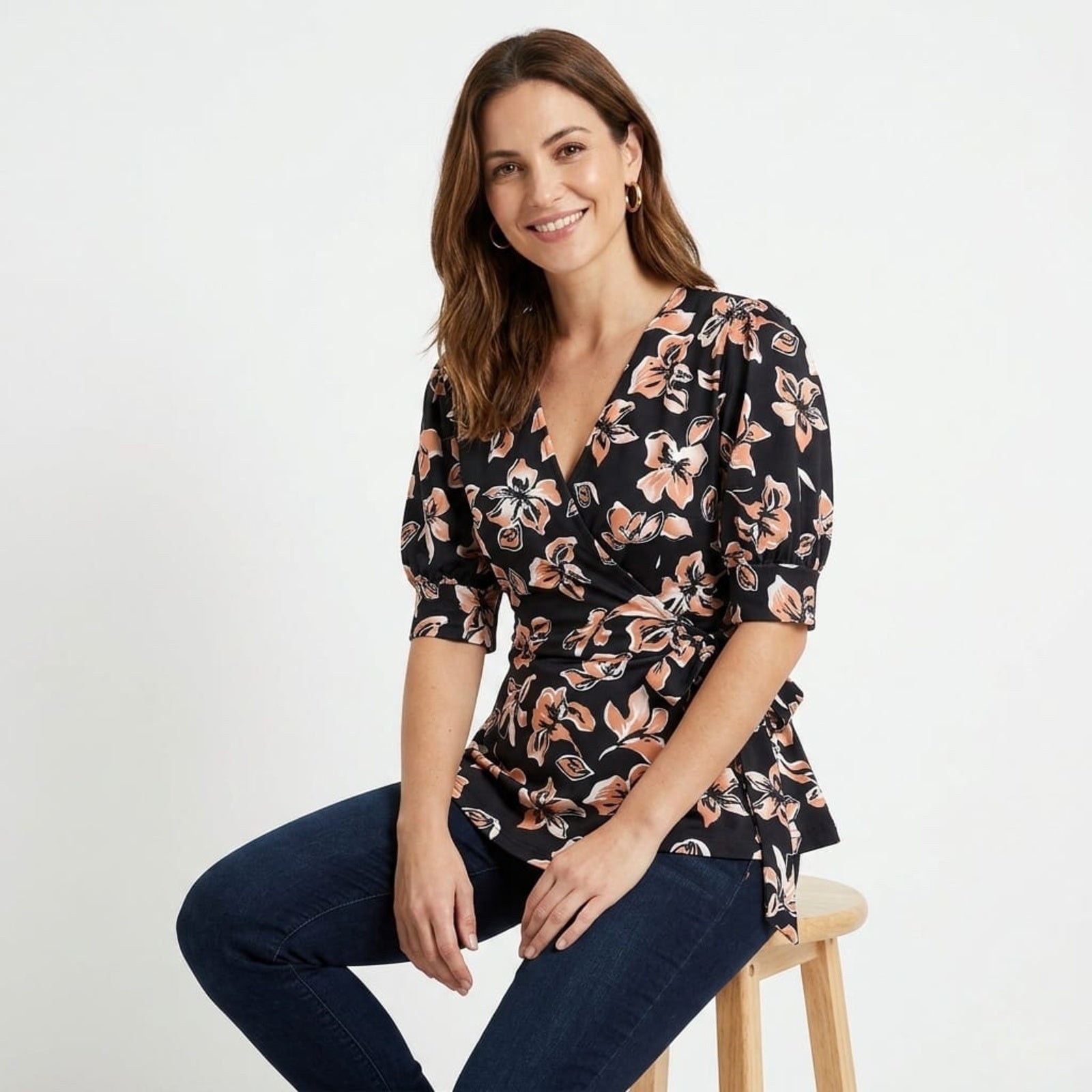 Women's Black Floral Wrap Style Top-3