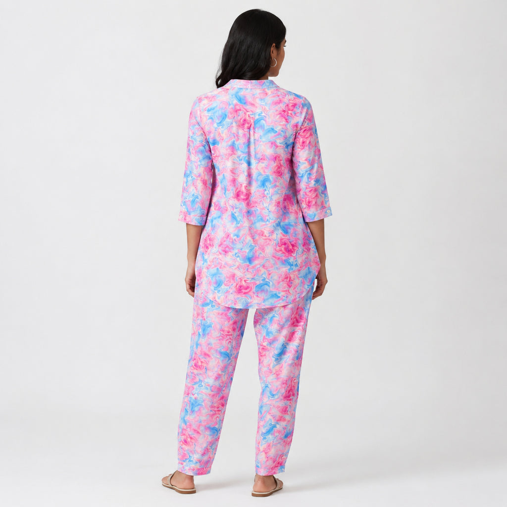 Women's Pink Abstract Printed Night Suit Co-Ord Set-2