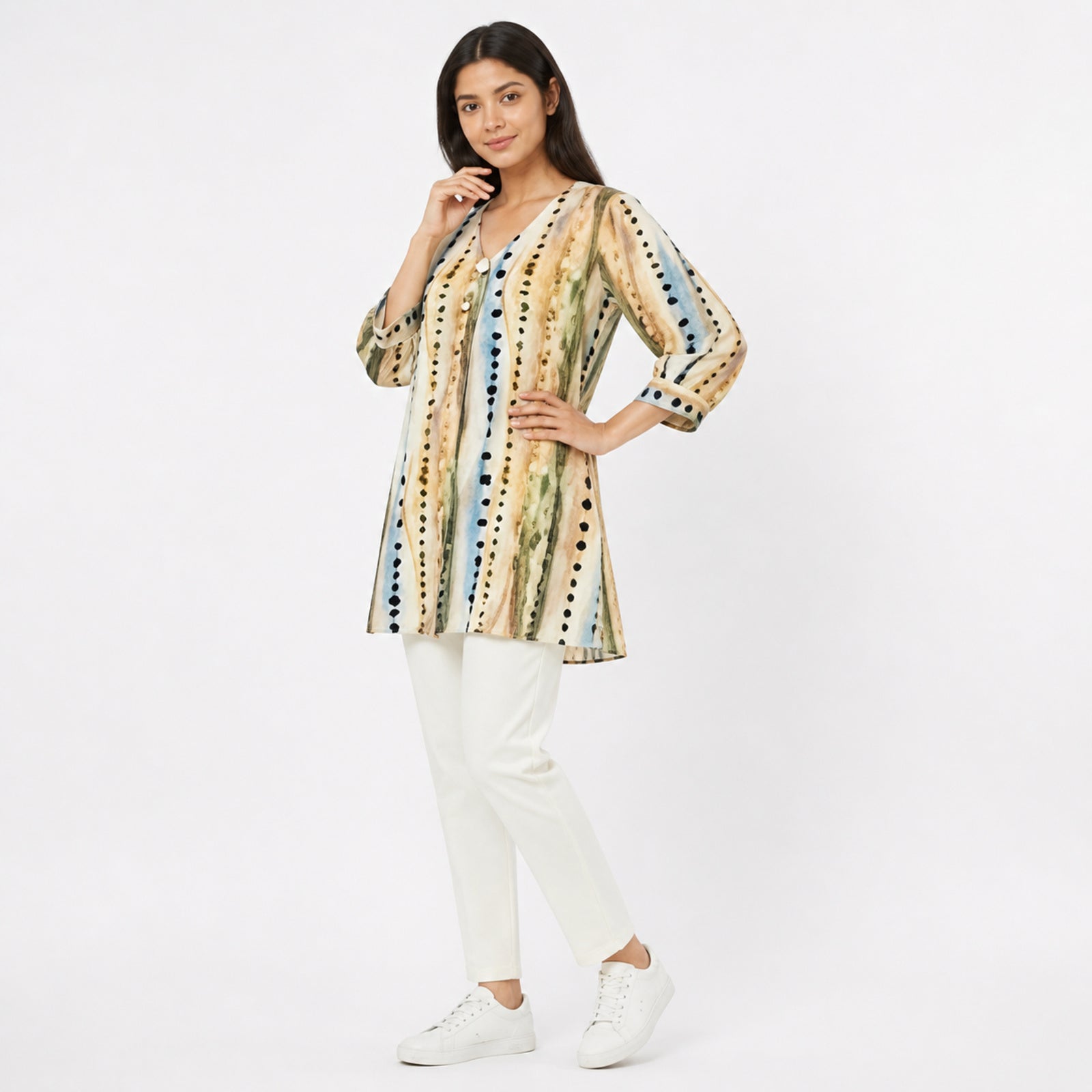 Ivory Stripe Abstract Printed Tunic Top-1