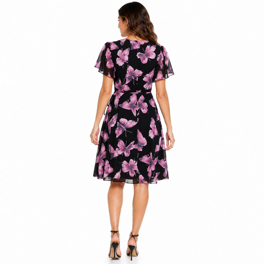 Women's Wine Floral Print V-Neck Fit & Flare Midi Dress-4