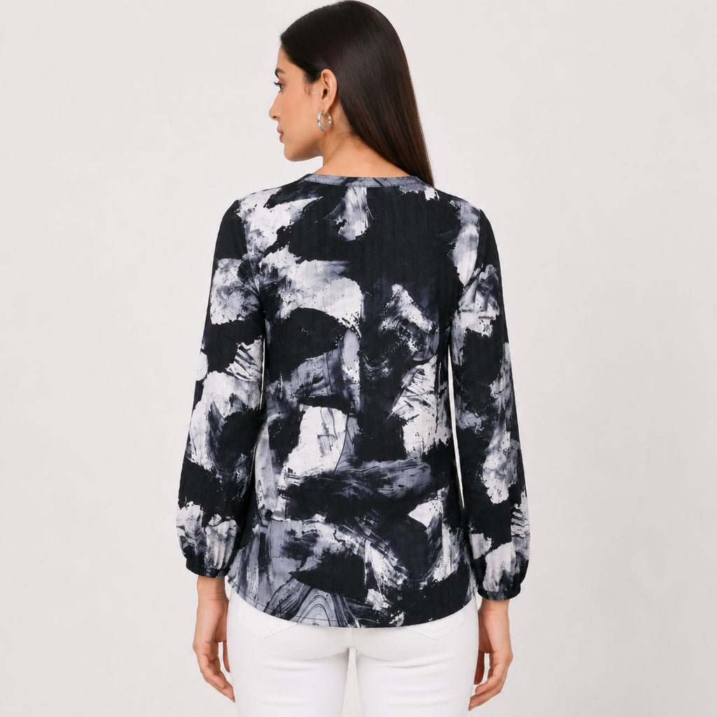Women's Black Abstract Print Long Sleeve Top-2