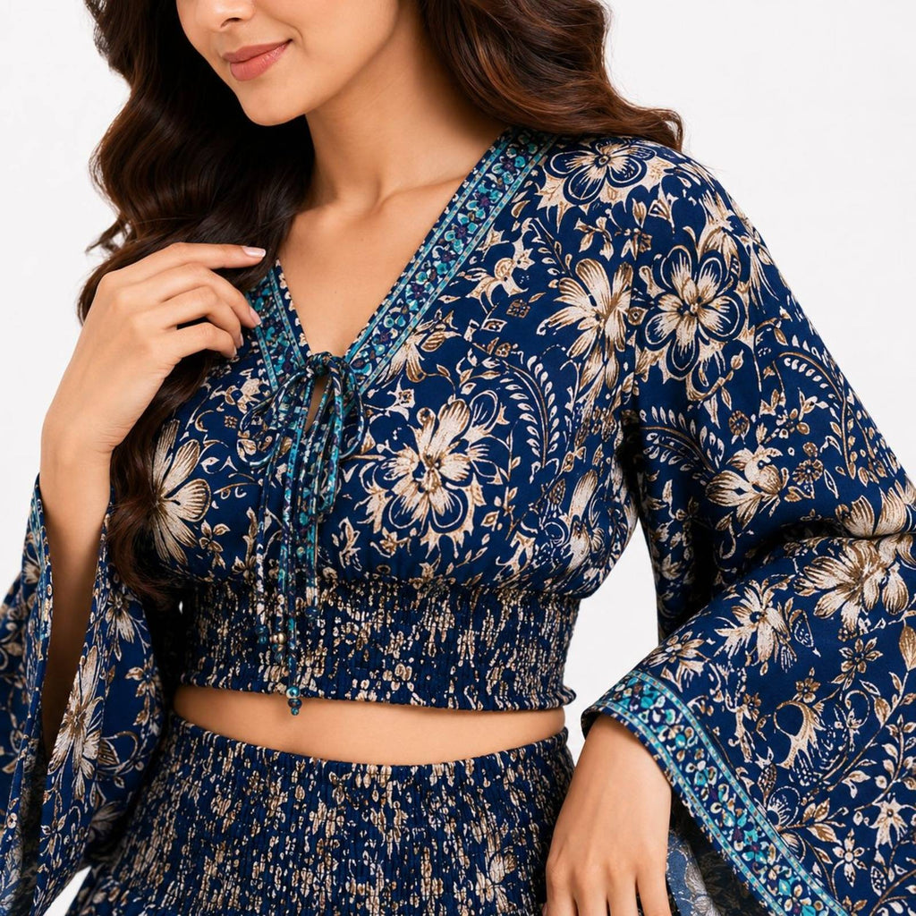 Women's Bohemian Chic Navy Blue Floral Flare-Sleeve Crop Top and Maxi Skirt Set-3