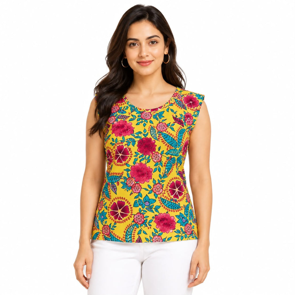 Women's Sunshine Garden Yellow Floral Sleeveless Top-1