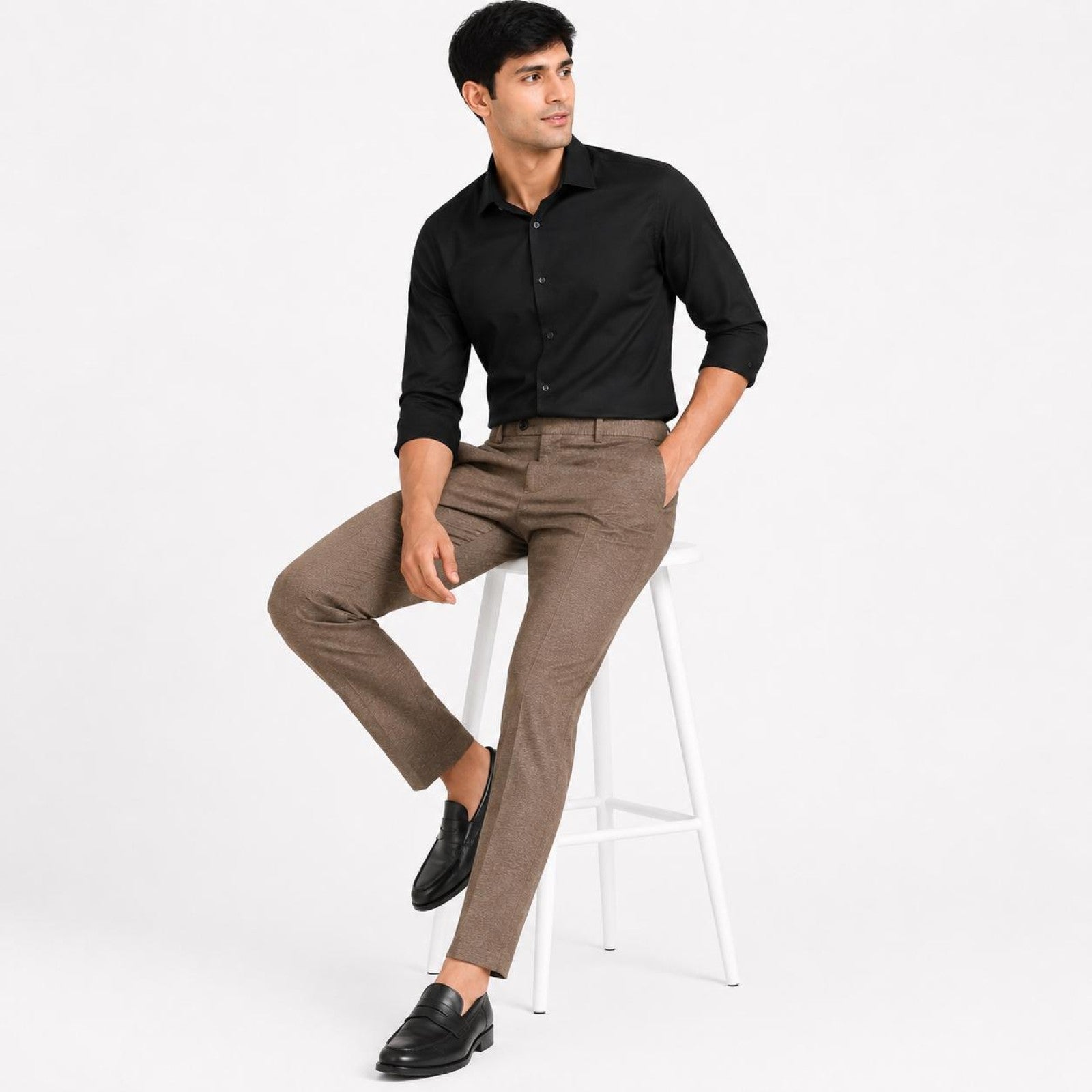 Men's Dark Brown Tailored Slim Fit Formal Trousers | Flat-Front Office Wear Pants-2