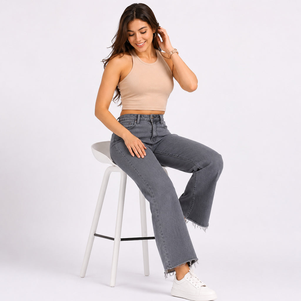Women's Sleek High-Waist Wide-Leg Grey Denim Jeans-3