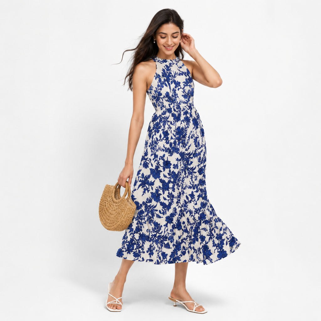 Women's Blue Floral Halter Neck Maxi Dress-3