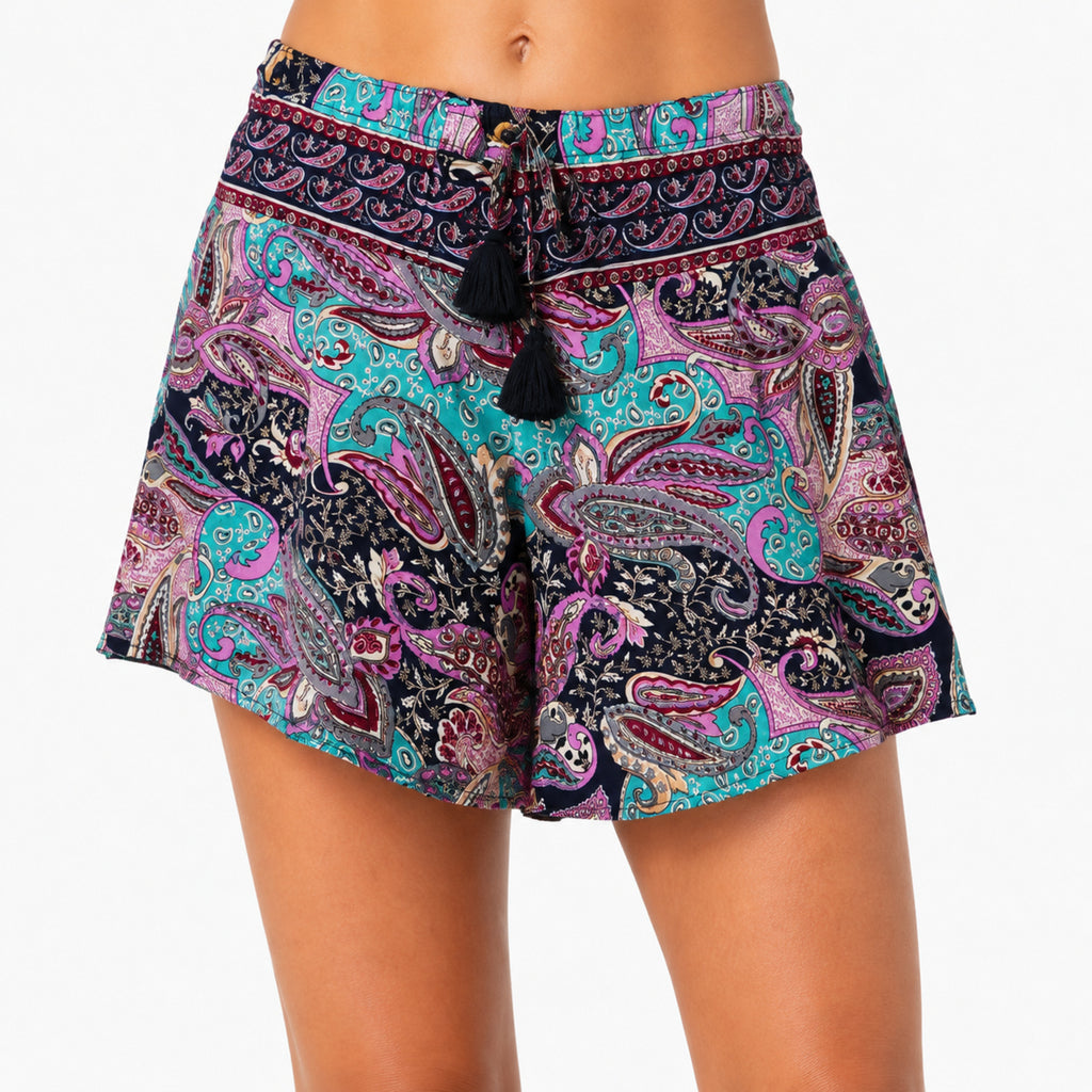 Women's Navy Blue Paisley Printed Drawstring Casual Shorts | Relaxed Fit Summer Shorts-3