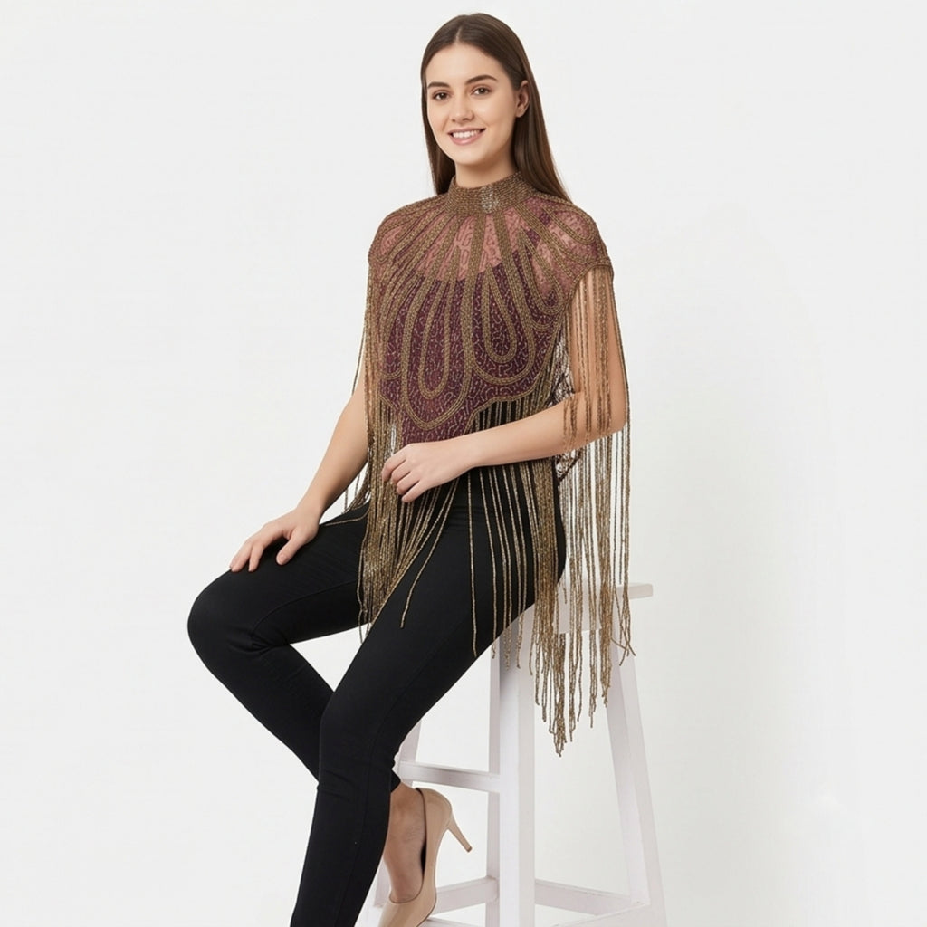 Women's Elegant Hand-Embroidered Mock Neck Maroon Cape with Metallic Fringe Tassel-4