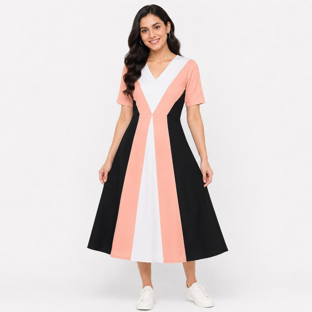 Women's Peach Color Block V-Neck Fit & Flare Midi Dress-2