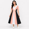 Women's Peach Color Block V-Neck Fit & Flare Midi Dress-2