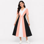 Women's Peach Color Block V-Neck Fit & Flare Midi Dress-2
