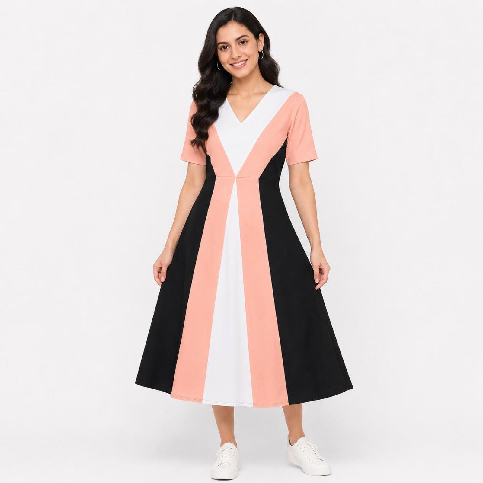 Women's Peach Color Block V-Neck Fit & Flare Midi Dress-2