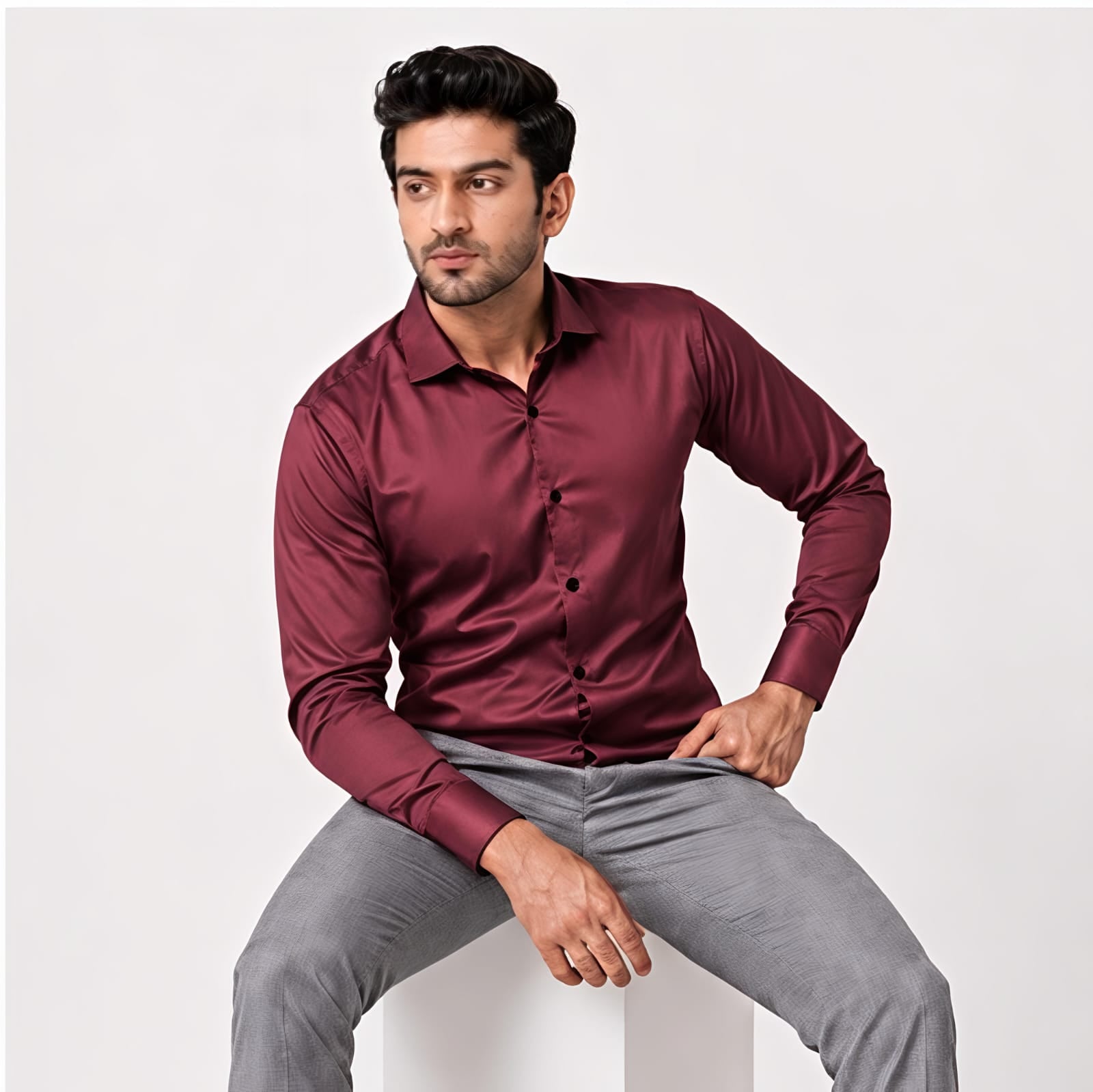 Men's Regal Maroon Satin Evening Shirt-3