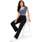 Women's High-Rise Black Straight Fit Jeans | Solid Full Length Denim Pants for Everyday Casual Wear-2