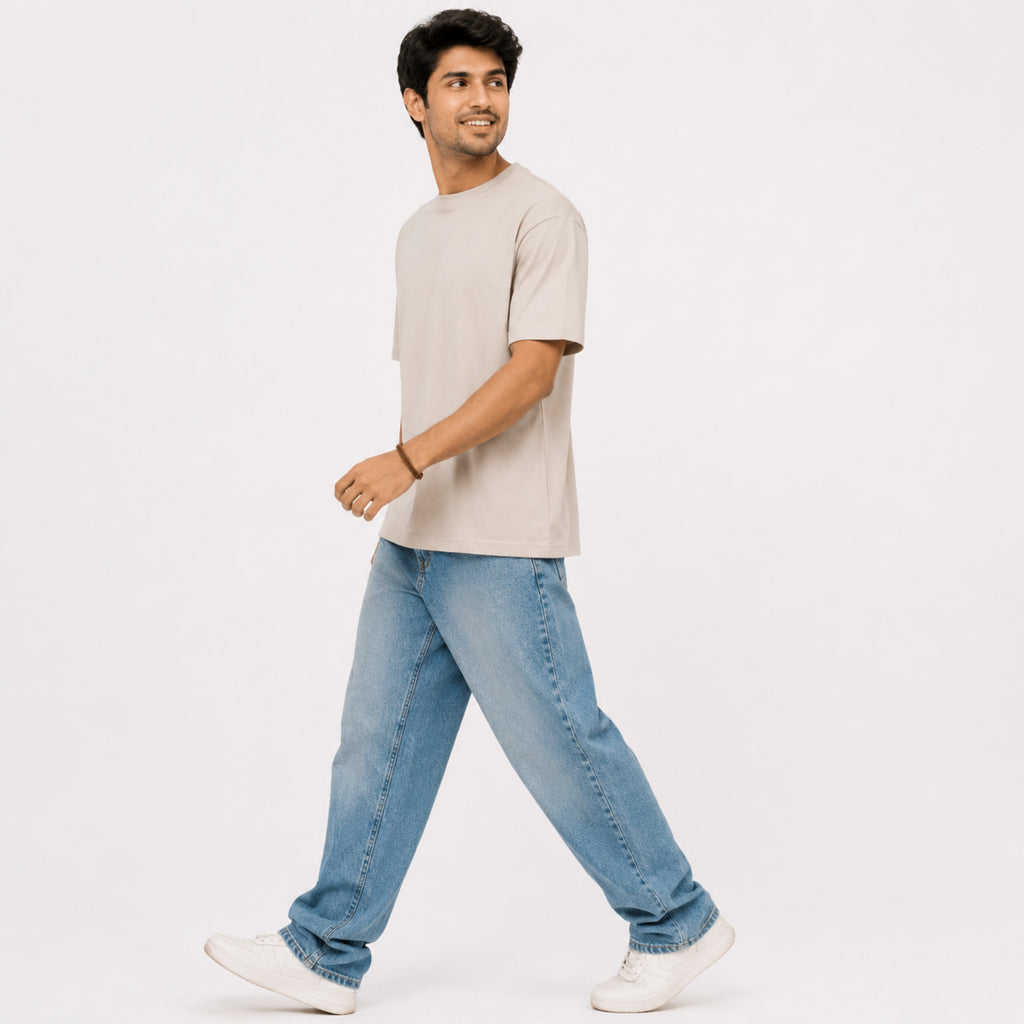 Men's Minimalist Beige Drop-Shoulder Oversized Casual T-Shirt-3