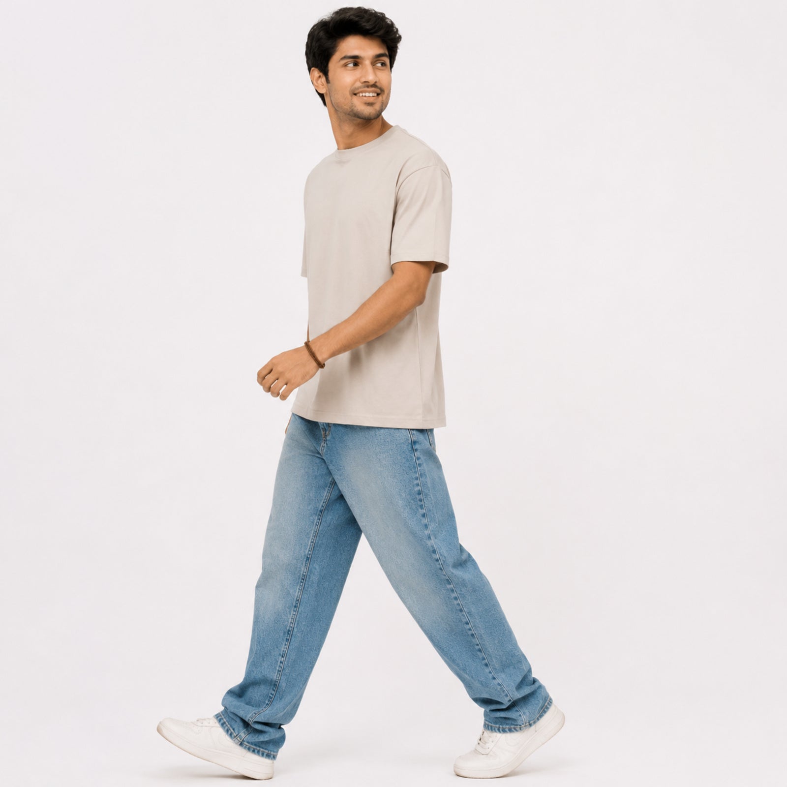 Men's Minimalist Beige Drop-Shoulder Oversized Casual T-Shirt-3
