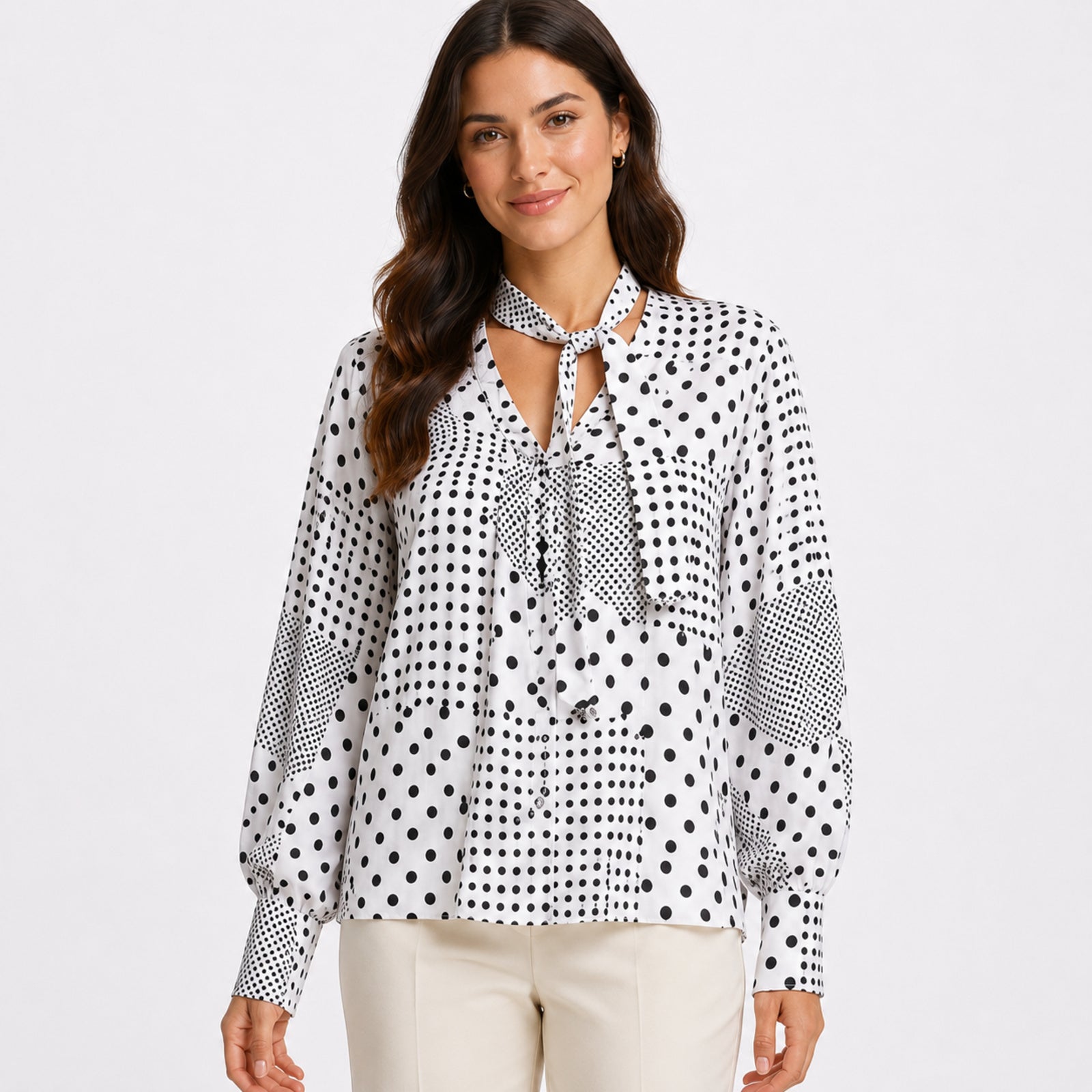Women's White Polka Dot Tie-Neck Long Sleeve Blouse-3