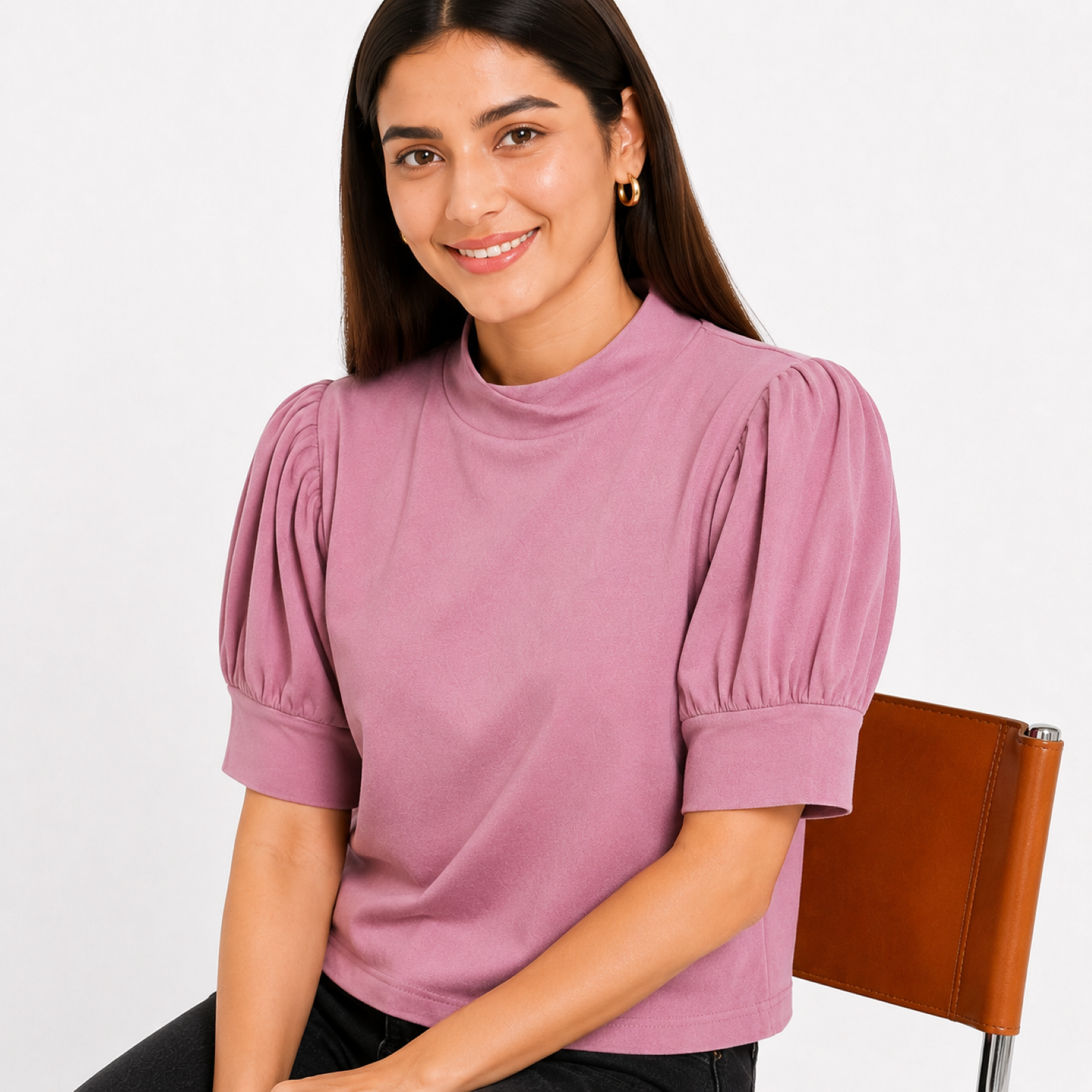Women's Pink Solid Mock Neck Puff Sleeve Top-2