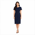 Women's Royal Navy Blue Tailored Sheath Dress with Elegant Feather Motif Embellishments-1