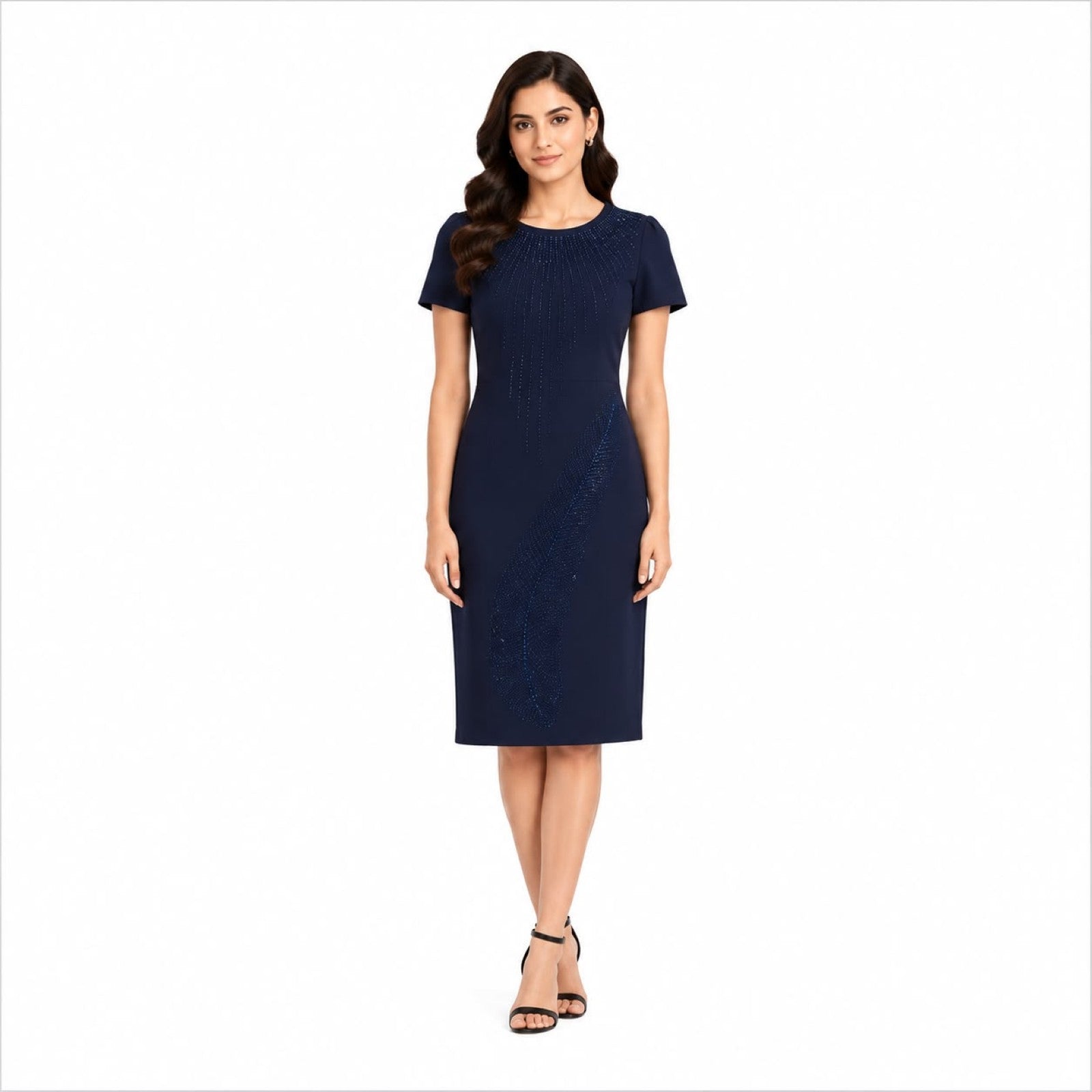 Women's Royal Navy Blue Tailored Sheath Dress with Elegant Feather Motif Embellishments-1