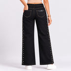 Women's Shimmering Diamond Studded Black Bootcut Jeans-4