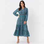 Women's Teal Blue Paisley Printed Tiered Maxi Dress-4