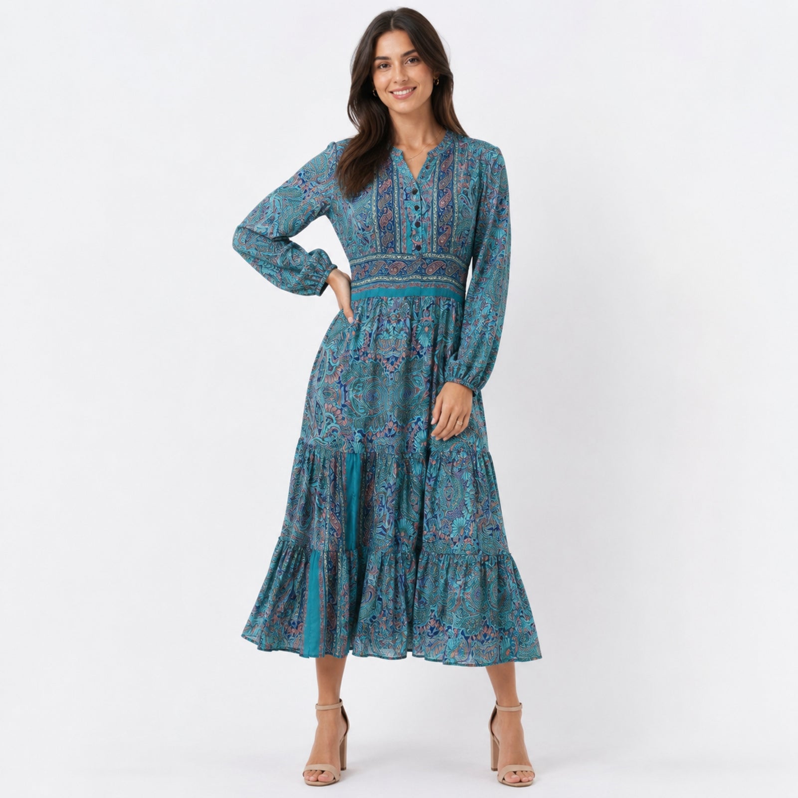 Women's Teal Blue Paisley Printed Tiered Maxi Dress-4